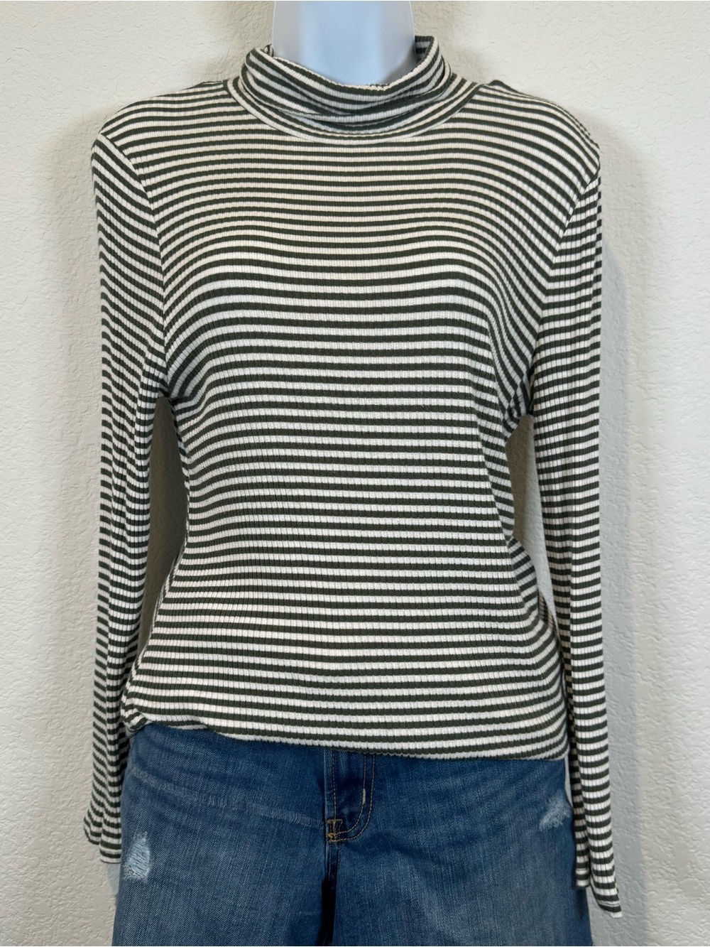 Faded Glory Olive Green & White Striped Ribbed Turtleneck Long Sleeve Top